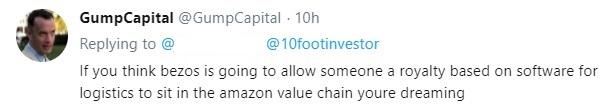 Tweet arguing that Amazon can replace a logistics software supplier with its own engineering.