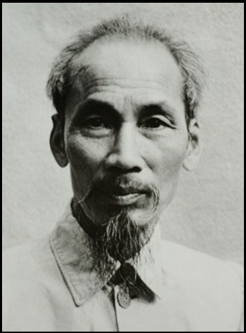 Historical portrait of Ho Chi Minh with a humorous old-age photo filter.