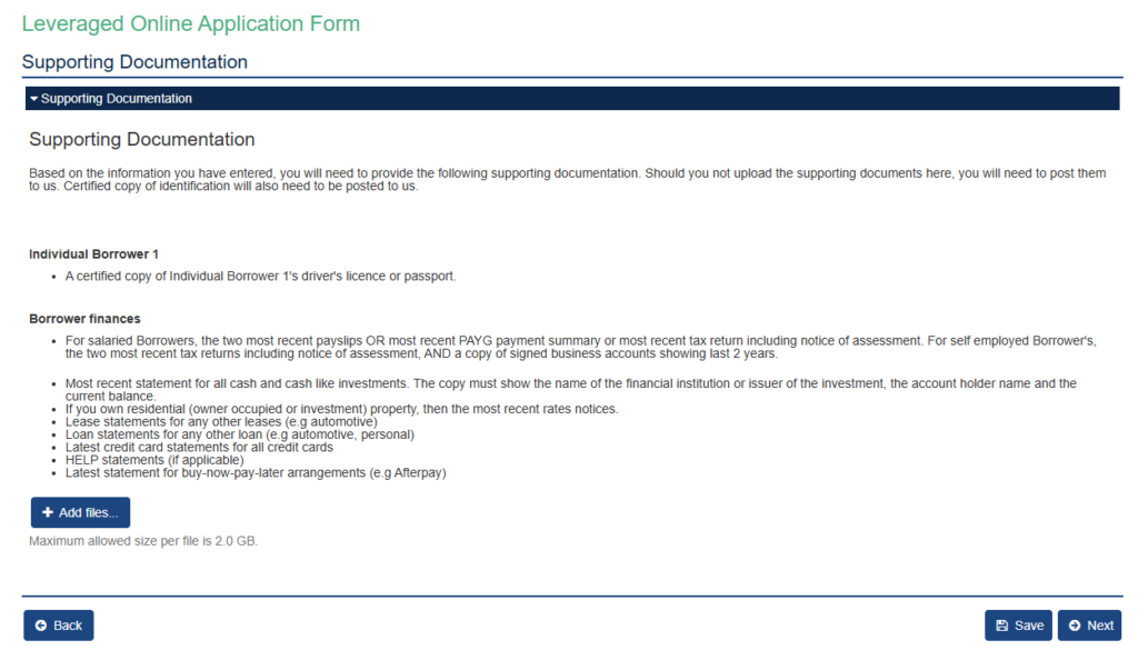 iApply supporting-document upload screen for a leveraged online application.
