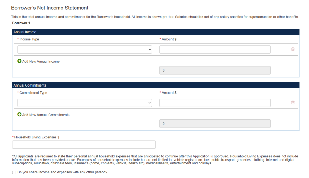 iApply borrower net-income statement form with income and commitment fields.